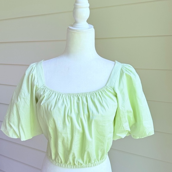 Copper Key Gingham Green Cropped Top with Puff Sleeves Size Small - Picture 2 of 11